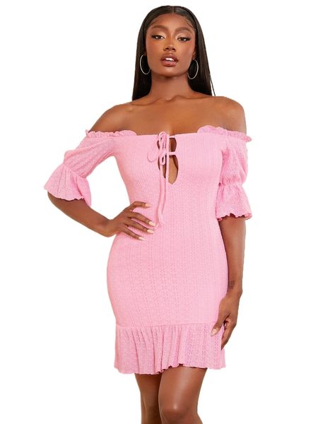 

newness flounce sleeve ruffle hem bardot dress d1ow#, Black;gray