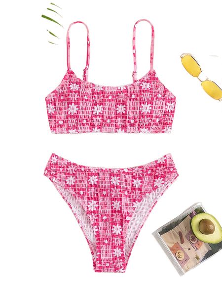 

plaid floral print smocked bikini swimsuit 45vs#, White;black