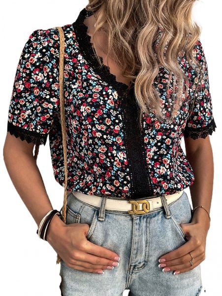 

ditsy floral guipure lace trim puff sleeve blouse c6zq#, White