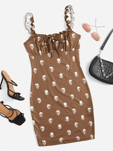 

allover skull print ruched bust cami bodycon dress n6cy#, Black;gray