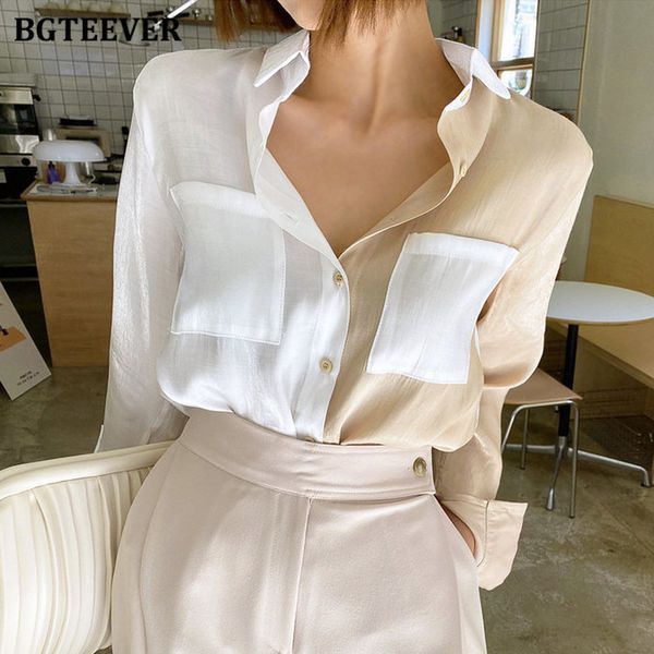 

chic elegant lapel patchwork women blouses full sleeve single-breasted pockets female shirts casual blusas femme, White