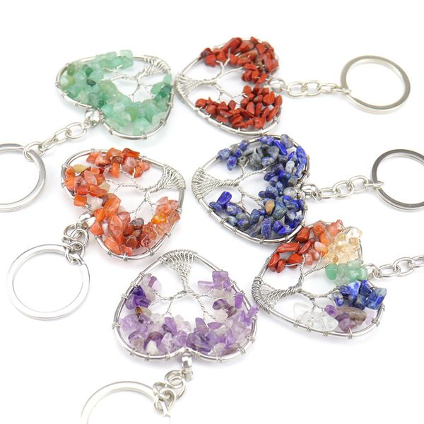 Quartzes naturais Árvore do coração da vida anéis de anéis de bolsa de charme de charme de carros pendurado ornamentos de 7 chakra chaveiro de chaveiro de chaveiro