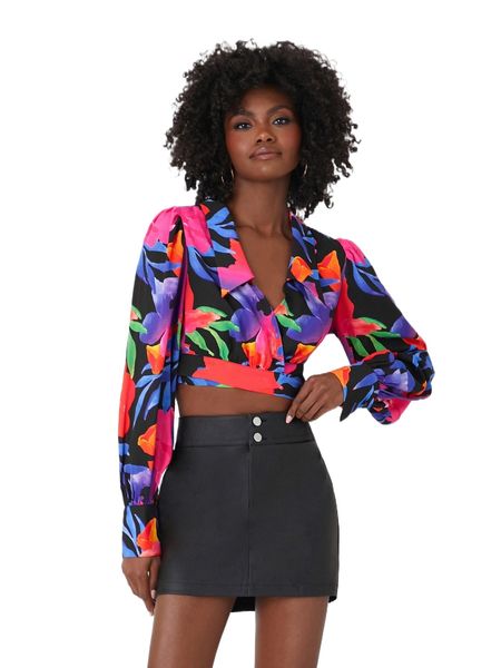 

newness floral print bishop sleeve cross wrap knot back blouse p1hl#, White