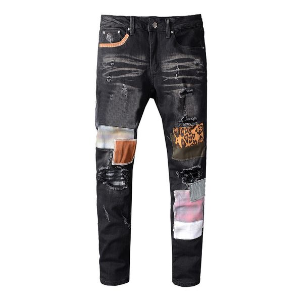 

men's jeans mens designer classic skinny am printed destruction men street motorcycle ripped black and blue jean