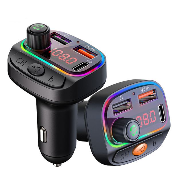 Bluetooth 5.0 Car Kit FM-Transmitter Drahtloser MP3-Player Freisprech-Audioempfänger Umgebungslicht Typ C 3.1A QC3.0 Ladung C14 C15