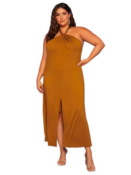 

evolu plus solid tie back split hem halter dress 29iq#, Black