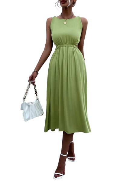 

solid backless elastic waist sleeveless a-line dress e7cy#, Black;gray