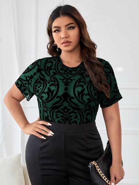 

plus allover print lettuce trim mesh 34yj#, Black