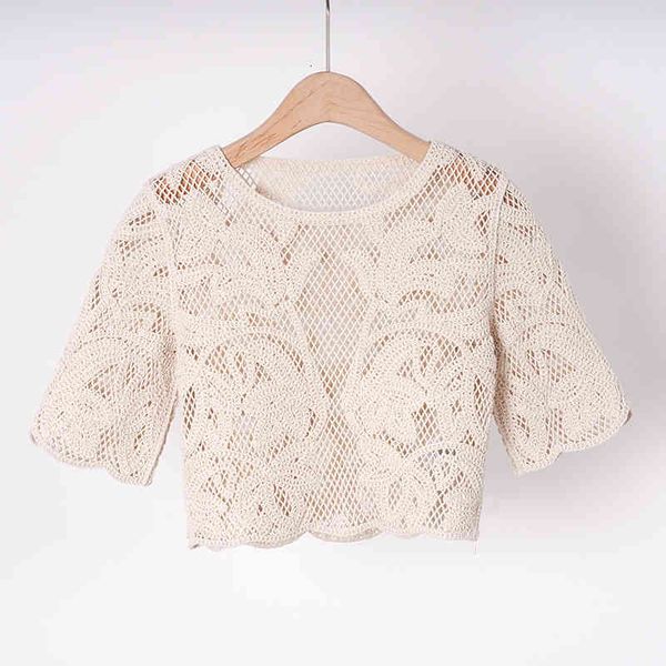 

women's t-shirt fadan  family spring and summer women's wear round neck hollow lace casual short knitted t-shirt, White