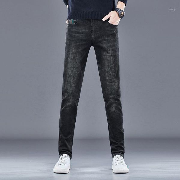 

men's jeans spring fashion cotton slim elastic bee business denim pants classic style male gray color trousers, Blue