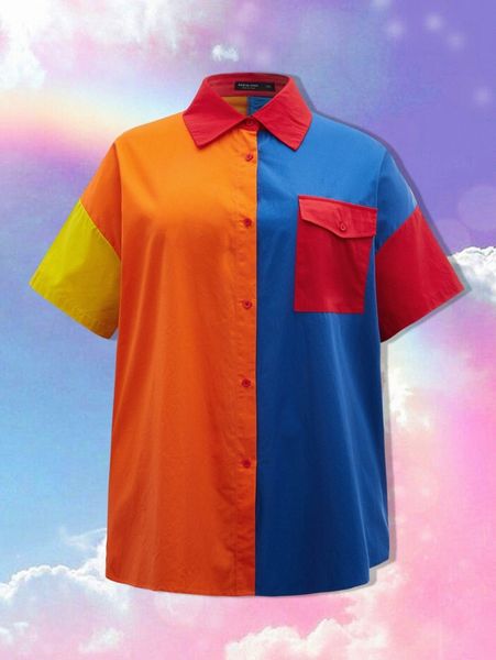 

plus color block flap pocket drop shoulder blouse h7zb#, Black