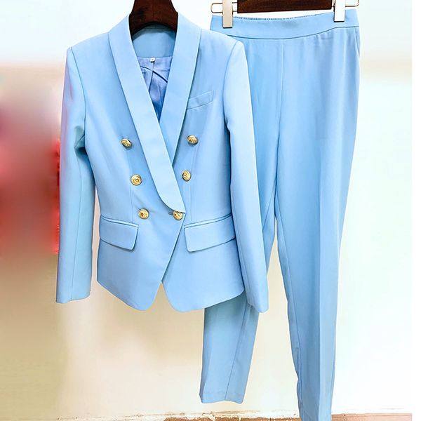 Nuova personalità di alta qualità da donna Pantaloni da due pezzi Set di pantaloni abiti originali Design Retro Scialle Collar Blazer Show Fashion Pants Pants Carers Sky Blue Business Sumpe