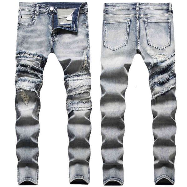 

men's jeans autumn and winter style wind cut, stitching, folding, rough edge, full sweeping process, slim fit, re washed jeans ujud, Blue