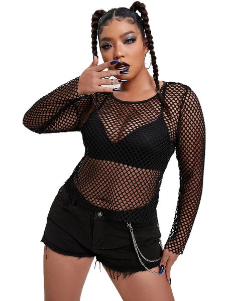 

plus solid sheer mesh without bra q2ij#, Black