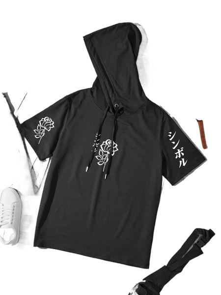 

men letter & rose print drawstring hooded tee f8ct#, White;black