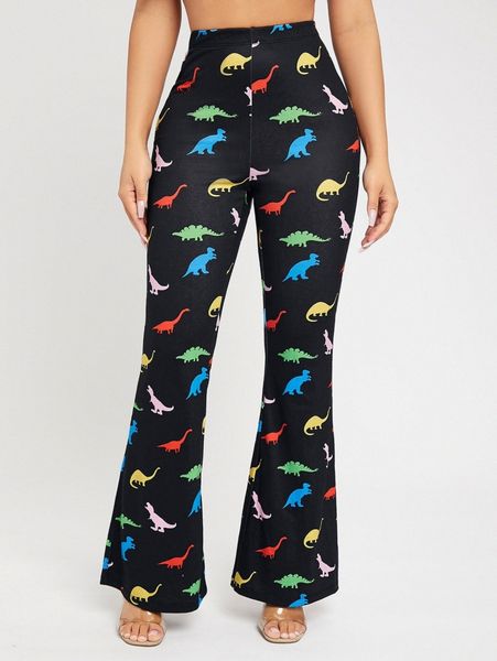 

petite dinosaur print flare leg pants g8ua#, Black;white