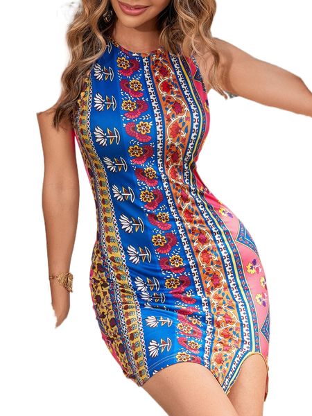 

floral print split hem bodycon dress w17s#, Black;gray