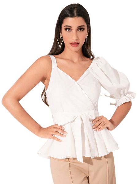 

modely solid wrap belted peplum blouse d6g8#, White
