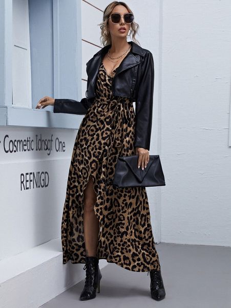 

leopard print self belt wrap cami dress m8jq#, Black;gray