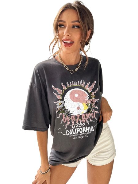 

letter & floral print drop shoulder tee b42h#, White