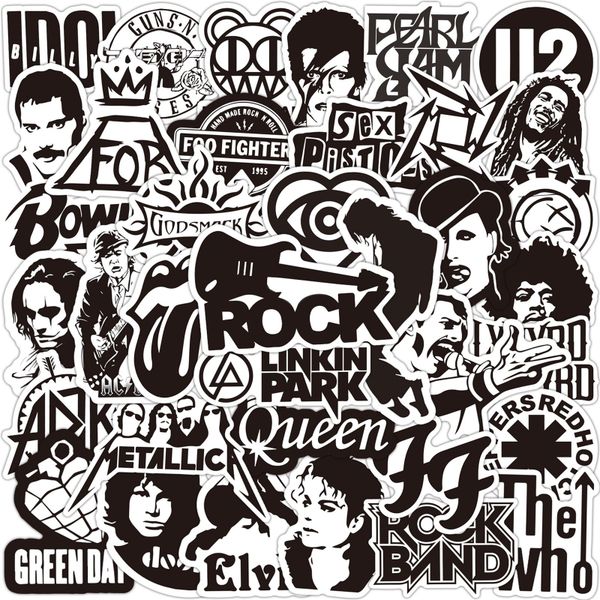 

50pcs/lot black and white rock band stickers waterproof cool pegatina graffiti kids toy skateboard phone lapluggage sticker decals
