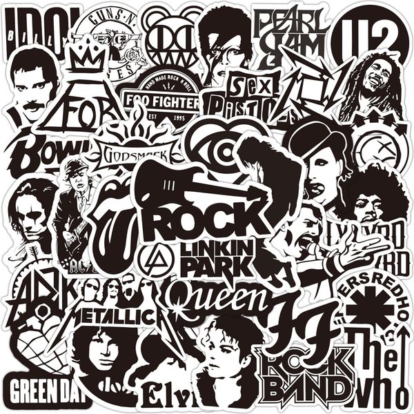 50 Pz/lotto Adesivi Rock Band in Bianco e Nero Impermeabile Fresco Pegatina Graffiti Giocattolo Per Bambini Skateboard Telefono Laptop Bagagli Sticker Decalcomanie