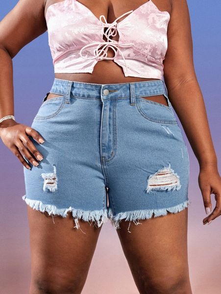 

sxy plus cut out ripped raw hem denim shorts v6fk#, White;black