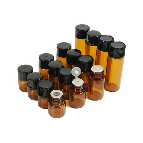 Kleine Glasflasche für ätherische Öle, 1 ml, 2 ml, 3 ml, 5 ml, Mini-Probe, bernsteinfarbenes Glasfläschchen, Reagenzglas mit Öffnungsreduzierer, Innenstopfen und Schraubverschluss