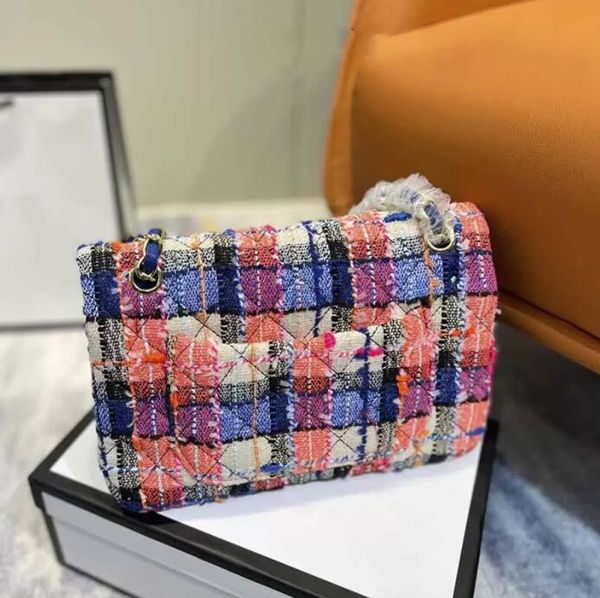 

tz ladies two-tone double flap bags tweed classic crochet multicolor handbags gold-tone metal chain hardware badge shoulder designer bags to