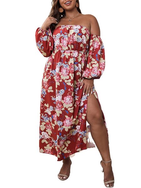 

plus floral print split hem bardot dress m7rg#, Black