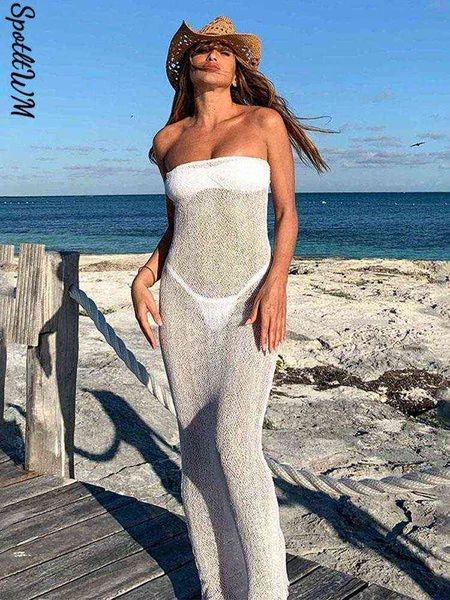 

mesh gebreide strapless strand maxi jurk zomer bodycon black hollow out mouwloze party jurken 2022 club ruglooze robe t220816, Black;gray