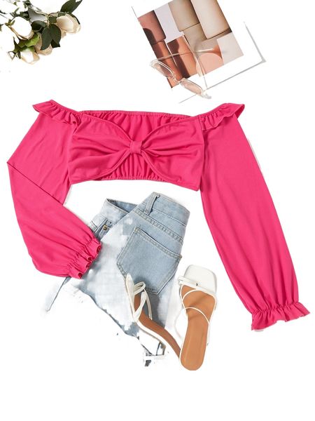 

off shoulder ruched ruffle trim flounce cuff g3wm#, White