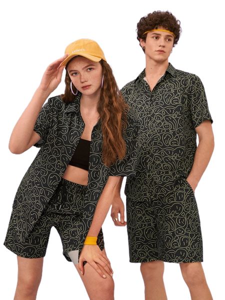 

1pc allover cartoon graphic shirt & 1pc shorts d3o6#, Gray