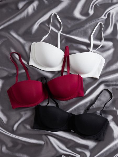 

3pack removable strap super push up demi microfiber bra set k0sj#, Black;red