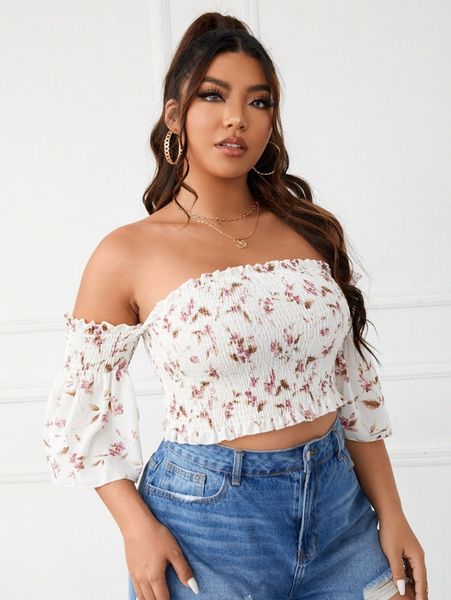 

plus floral print off shoulder shirred crop blouse o1p0#, Black