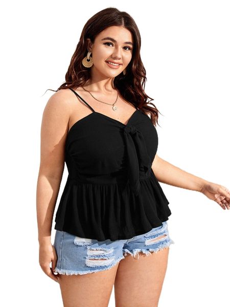 

plus solid tie front ruffle hem crop cami e9wk#, Black