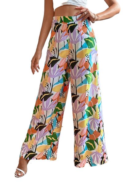 

high waist floral print wide leg pants d9hm#, Black;white