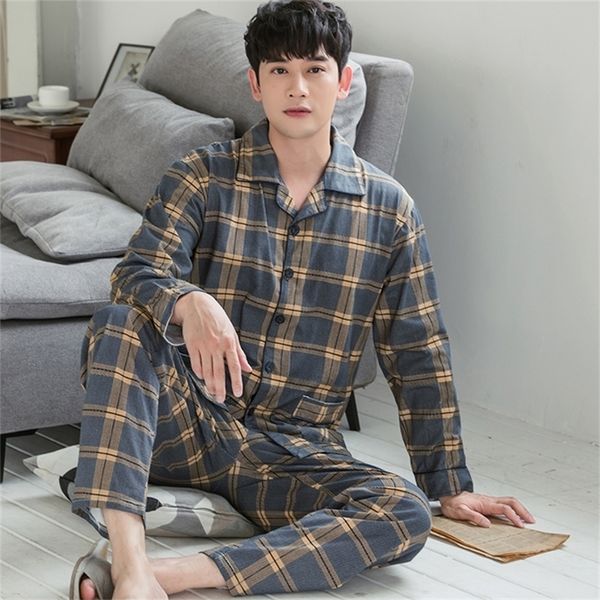 

winter 100 cotton pajamas men yellow plaid lounge sleepwear pijama man s warm bedgown home clothes pj pure cotton pijama hombre lj201112, Black;brown