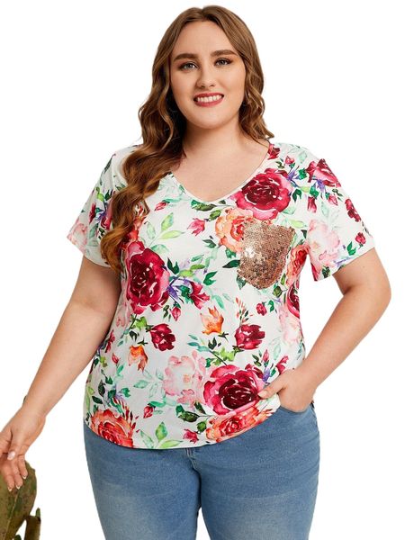 

emery rose plus floral print sequin patched pocket tee g9rz#, Black