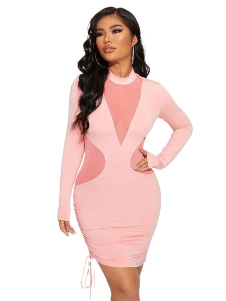 

mock neck sheer mesh insert ruched knot bodycon dress h4wb#, Black;gray