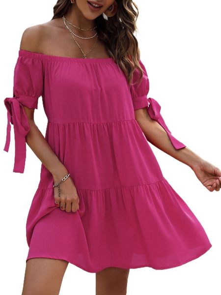 

off shoulder tie cuff ruffle hem smock dress 92pk#, Black;gray