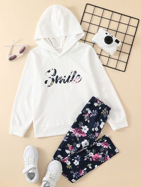 

girls floral letter graphic hoodie & leggings she, White