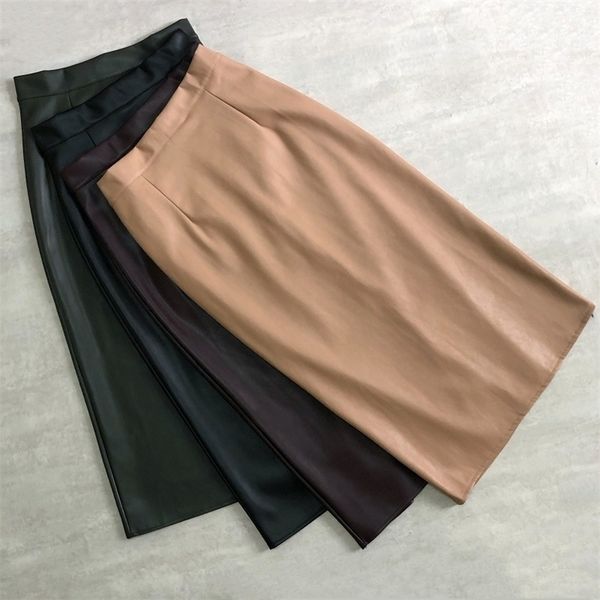 Осенняя зимняя кожаная юбка для кожи женская сумка для хип -карандашной юбки плюс бархатная сплит -молния высокая талия Элегантная шаг юбка женщин 210331