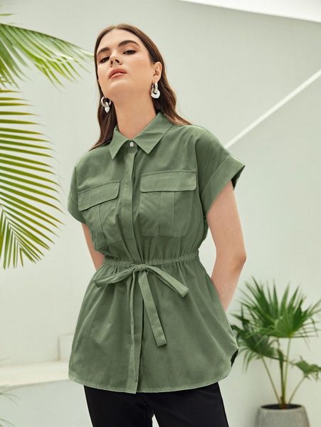 

flap pocket drawstring waist solid blouse l5hz#, White