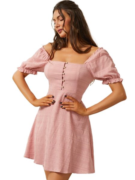 

sbetro button front puff sleeve dress z5wb#, Black;gray