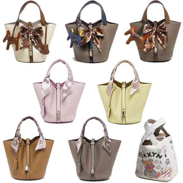 

pu vegetable basket color matching handbag fashion graffiti bucket bag hundred strap palm print simple women's