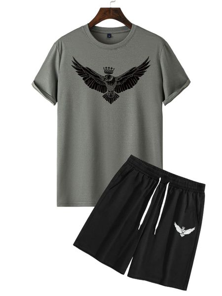 

men crown & eagle print tee & drawstring waist shorts a3a7#, Gray
