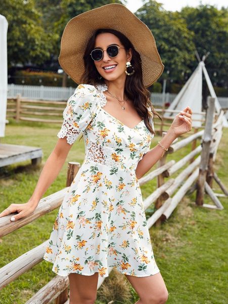 

floral print contrast guipure lace sweetheart neck dress p6tm#, Black;gray