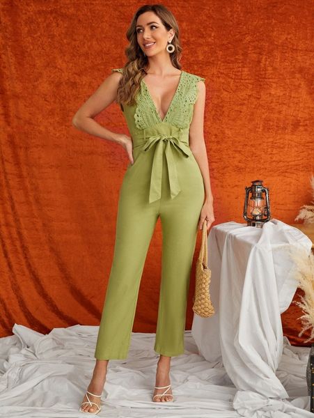 

eyelet embroidered backless belted jumpsuit 4546#, Black;white