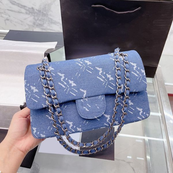 

womens vintage classic c double flap denim bags printing aged silver shw crossbody shoulder turn lock purse large capacity luxury designer p